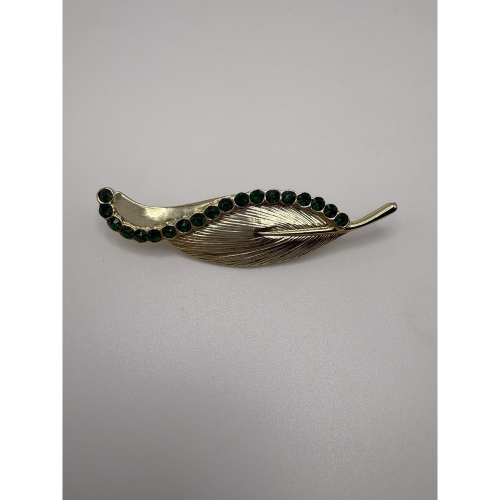 Vintage Gerry's Gold Tone Leaf Brooch Green Rhinestones 2.5" Signed